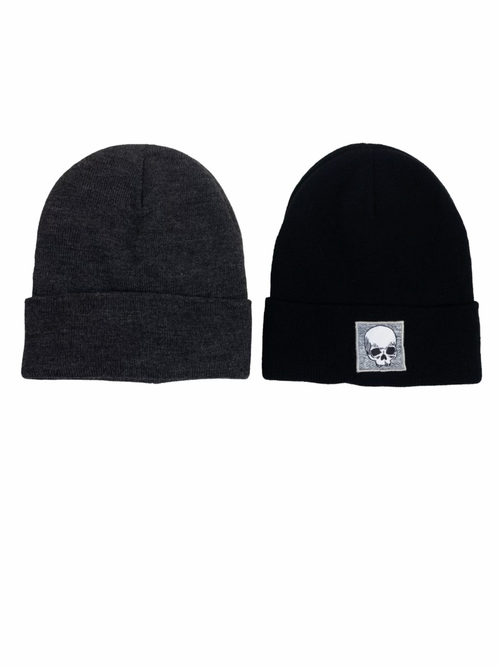 Charcoal & Black Skull Patch Beanie Hats, 2- Pack